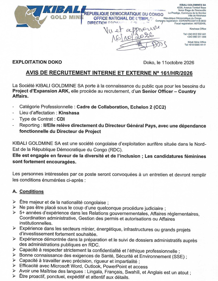 Senior Officer - Country Affairs (Projet d'expansion ARK)