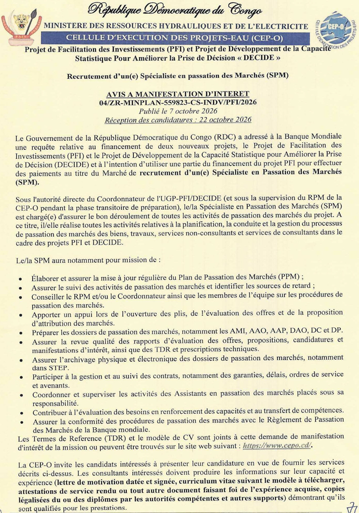 Spécialiste en Passation des Marchés (SPM) - Projets PFI et DECIDE