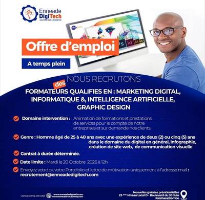 Visuel de l'offre Formateurs qualifiés en Marketing Digital, Informatique, Intelligence Artificielle et Graphic Design