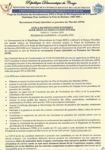 Visuel de l'offre Spécialiste en Passation des Marchés (SPM) - Projets PFI et DECIDE