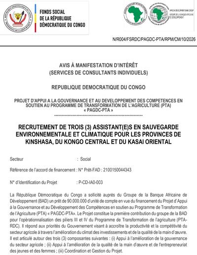 Visuel de l'offre Assistant(e) en Sauvegarde Environnementale et Climatique - Kinshasa, Kongo Central et Kasaï Oriental (PAGDC-PTA)