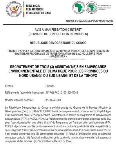 Visuel de l'offre Assistant(e) en Sauvegarde Environnementale et Climatique - Nord-Ubangi, Sud-Ubangi et Tshopo (PAGDC-PTA)